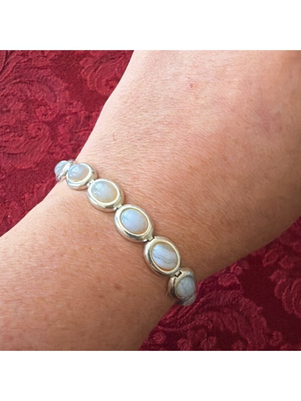 Vintage 925 Sterling Silver White Banded Agate Oval Cabochon Bezel Link Bracelet
